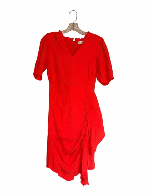 Hale Bob Poppy Red Ruched Asymmetric Mini Dress XS NWT Puff Sleeve V-Neck - Image 2