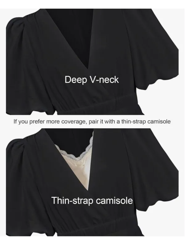 NEW Short Puffy Sleeve V Neck A-Line Flowy Wrap Wedding Guest Lined Dress S - Image 9