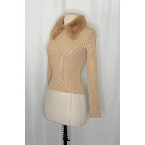 NWT!! ZARA Faux Fur Lapel Knit Sweater Tan‎ Light Brown Zipper Pullover Small - Image 5