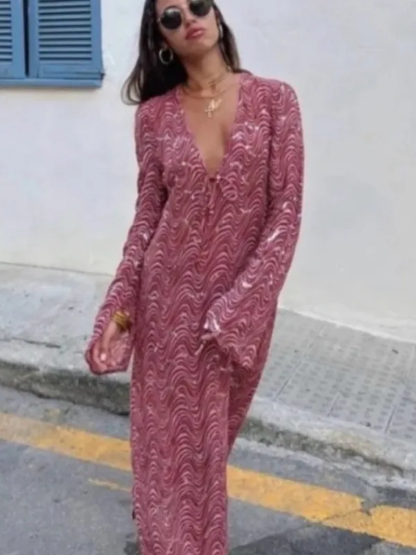 Zara Pink Sequins Beaded Swirl Printed Midi Dress Sheer Deep V Neck Tie Front - Image 2