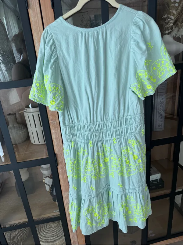 Anthropologie The Somerset Mini Dress Embroidered Linen short sleeve splice mint - Image 10