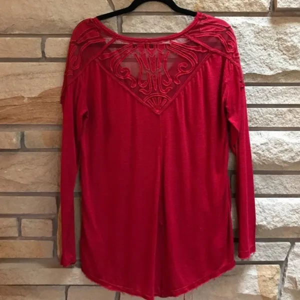 Free People Gatsby Top Embroidered Mesh Maroon Red Medium - Image 3