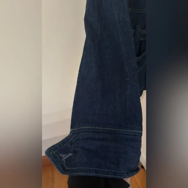 No Tag Denim Tie Blue Jean Jacket With Yellow Thread Collar Button Down Sz 9/10. - Image 5