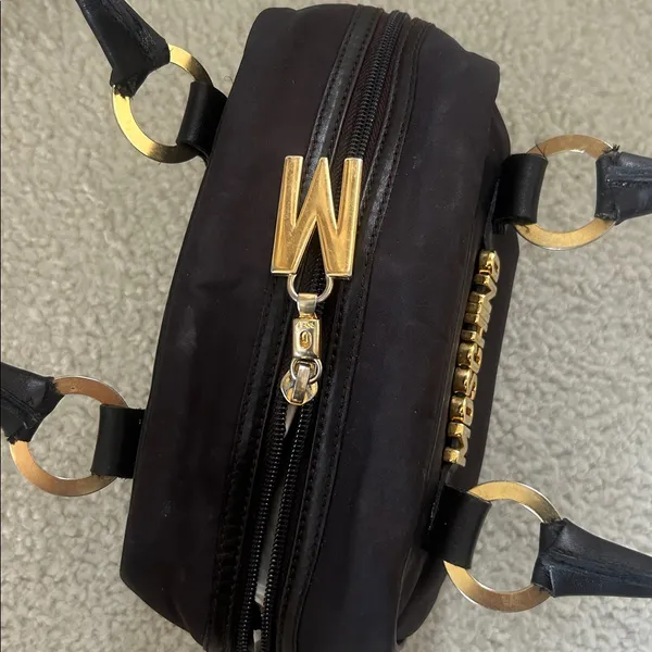 Moschino Vintage Signature Top Handle Satchel Mini Bag Brown Nylon - Image 5