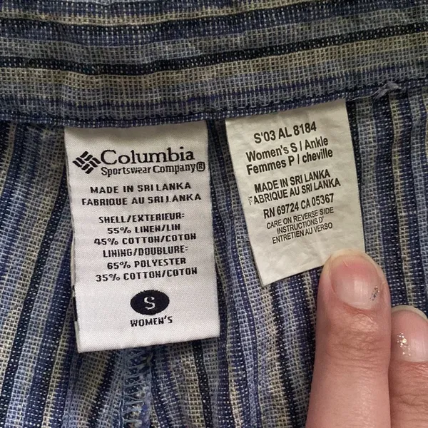 Y2K vintage Columbia women’s striped blue linen button crop pants, size small - Image 5