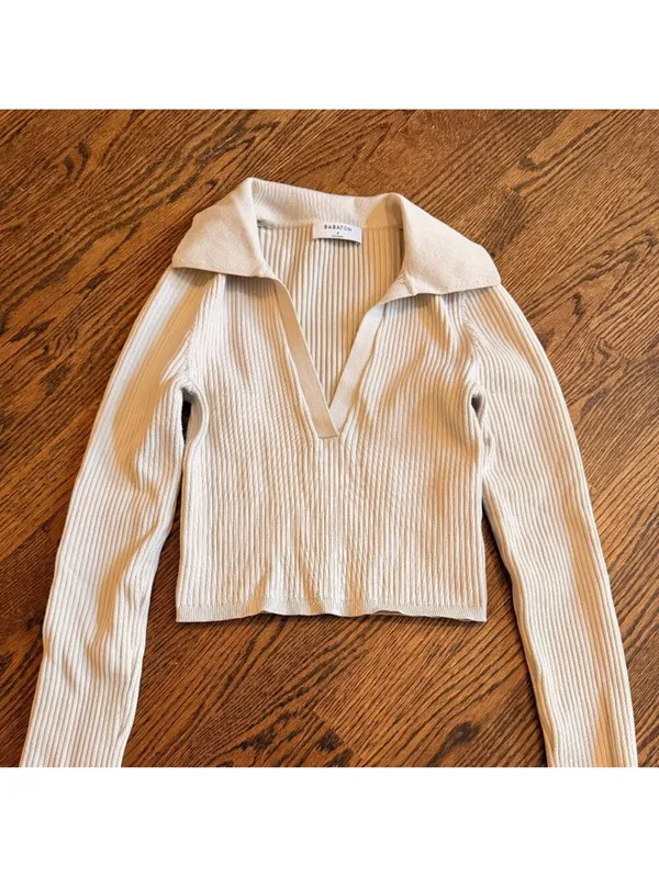 Aritzia Babaton Sculpt Knit Long Sleeve Polo Beige Taupe S - Image 6