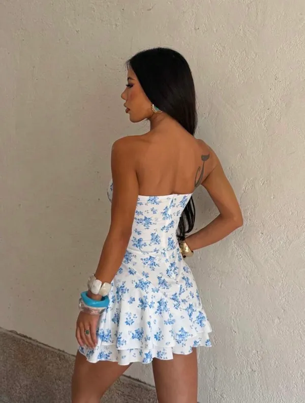 Blue Floral Strapless Mini Dress - Image 2