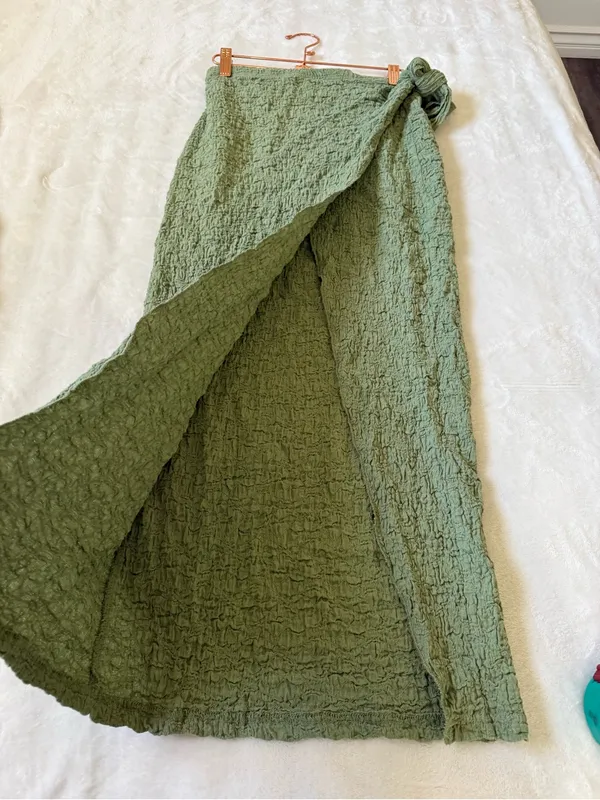 SheIn Sage Green Textured Two Piece Beach Set Wrap Skirt Puff Sleeve Top - Image 11