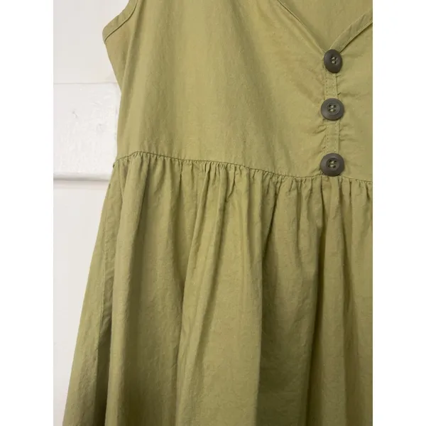 Vintage Olive Green 100% Cotton Sleeveless V-Neck Babydoll Mini Dress - Image 7