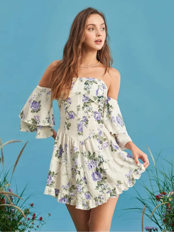 Cider FLORAL RUFFLE SLEEVE LAYERED MINI DRESS - Image 4