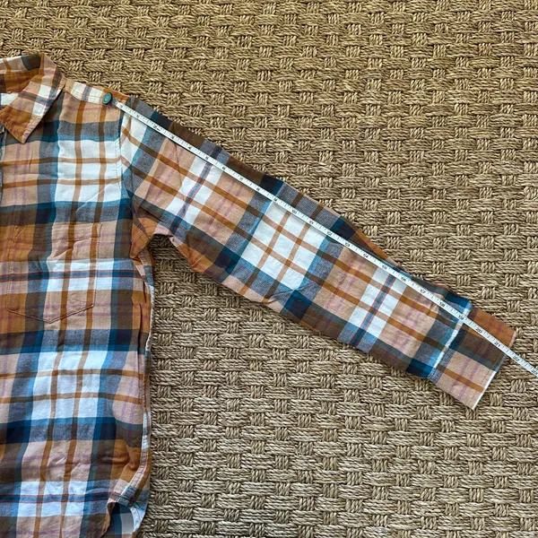 SO flannel button front Juniors xs Shirt Blue, cream, orange and maroon plaid flannel - Image 9