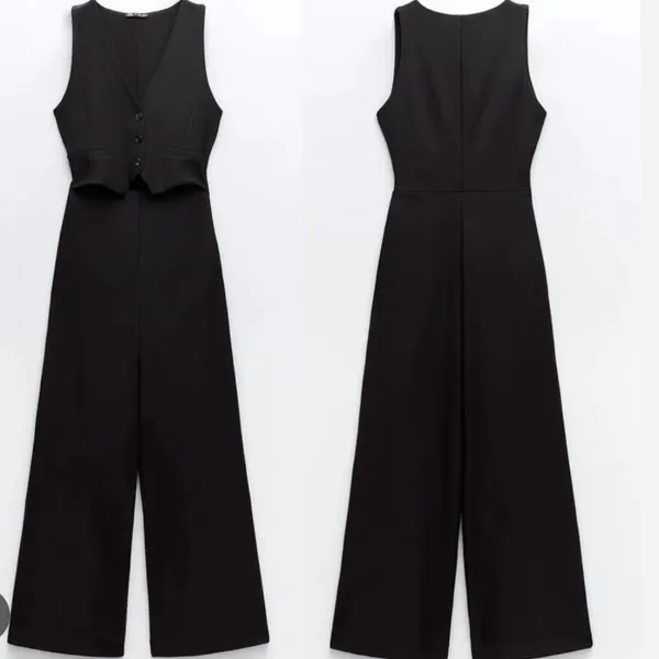 NWT Zara Black Viscose Jacquard Halter Vest Jumpsuit V-neckline Bloggers Fave - Image 7