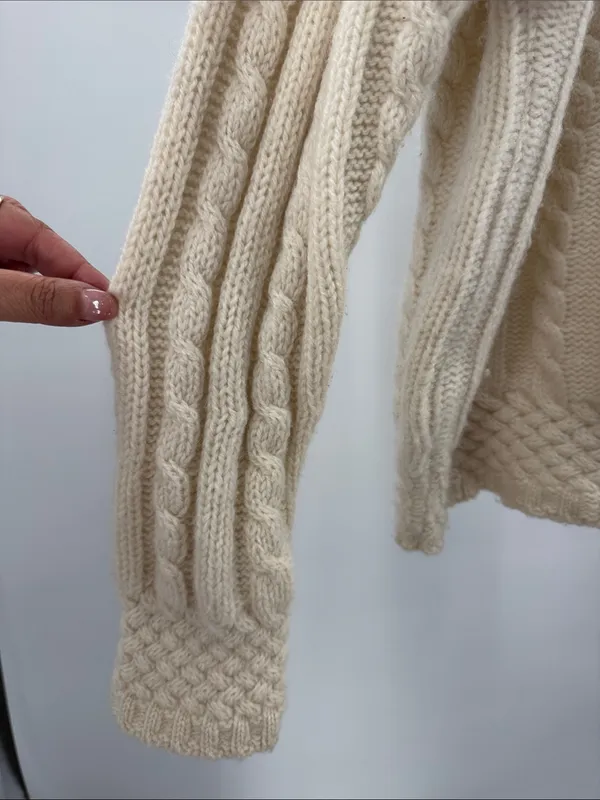 Aran Crafts Cream Cable-Texture Turtleneck zip up cropped cardigan 100% wool M - Image 5