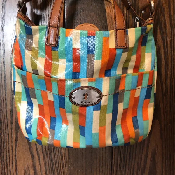 Fossil Crossbody Bag Calypso Key-Per Purse Multi Color Block Coated Canvas Brown - Image 2