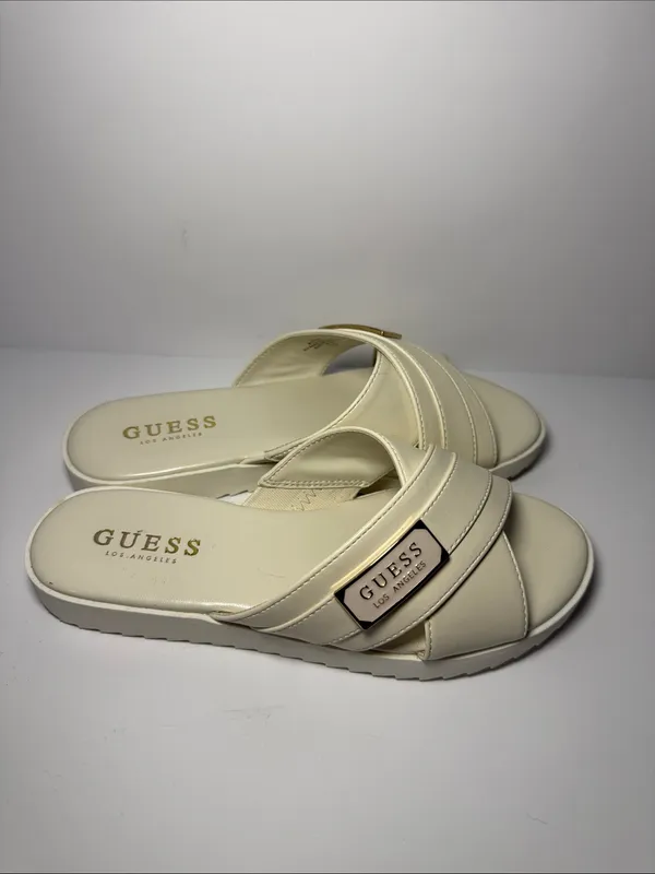 Guess Cream Crisscross Slide Sandals with Gold Accent - Image 6