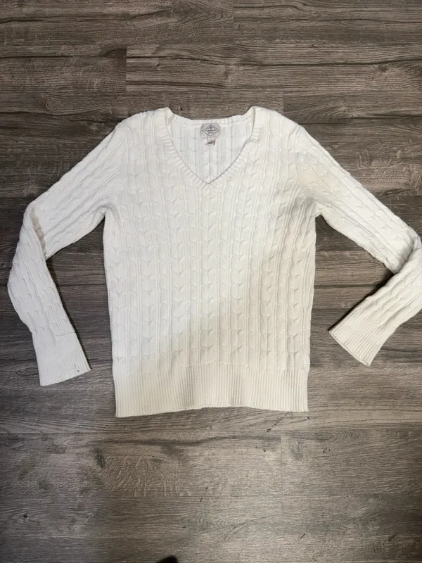 St. John’s Bay Cable Knit V-Neck Sweater White Cream Cotton Blend Size L - Image 2