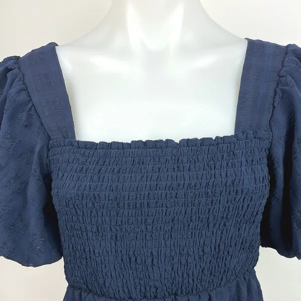 Midnight Doll Blue Smocked Square Neck Puff Sleeve A Line Mini Dress Size M - Image 3