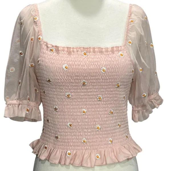 Altar'd State Smocked Top Women M Pink Embroider Daisy Ruffle Coquette Feminine - Image 2