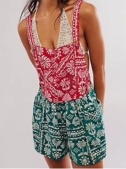 Free People Palm Bay Tropical Bandana Print Shortalls Romper medium NWOT - Image 2
