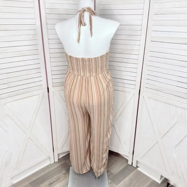 American Eagle Boho Striped Gauze Wide Leg Smocked Jumpsuit‎ Beige Large - Image 5