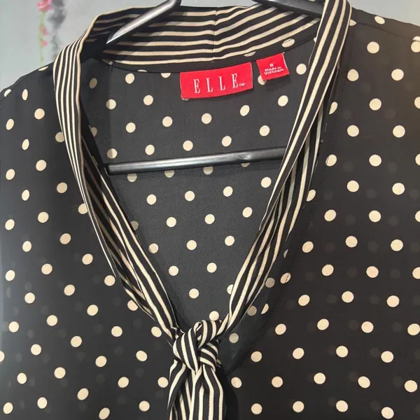 ELLE Black Polka Dot Sleeveless Tie-Neck Blouse - Image 6