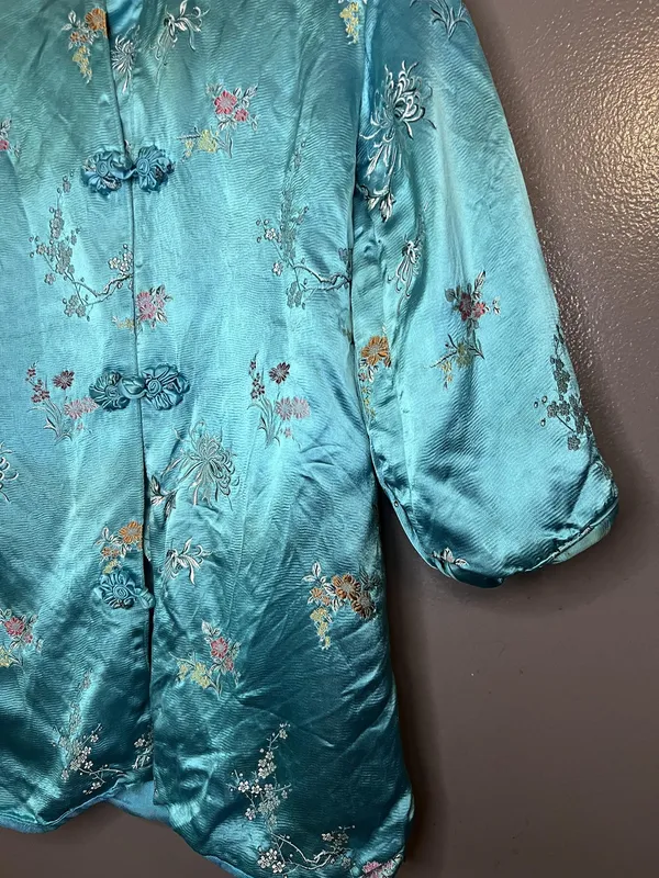 Vintage Great Lion Jacket Womens XS Teal Silk Embroidered Mandarin Hong Kong 60s - Image 7