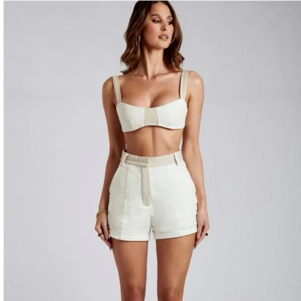 Meshki Yalda Cream Tan Linen Sleeveless Colorblock Bustier Crop Tank Top Size S - Image 3