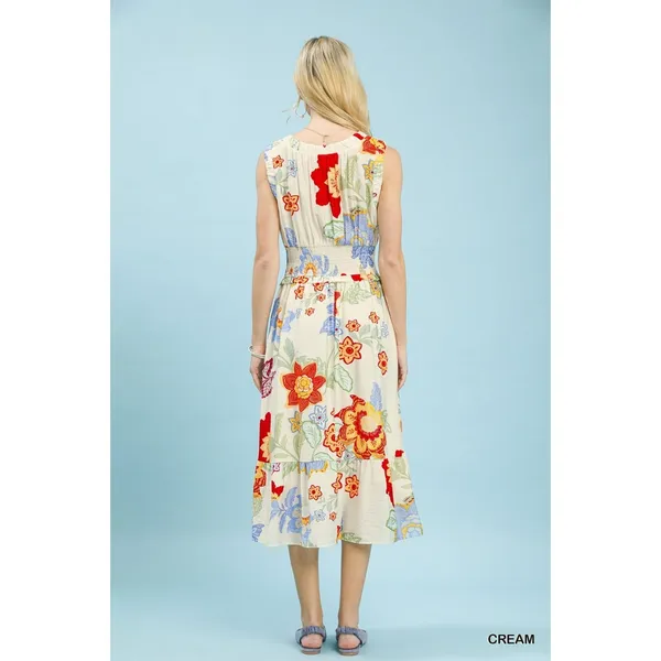 Umgee‎ Floral Smocked Midi Dress - Cream - Medium - Image 3
