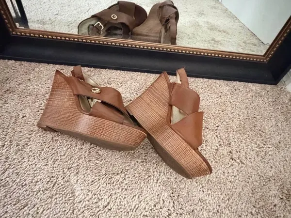 G by Guess Tan Leather Crossband Slingback Wedge Sandals - Image 2