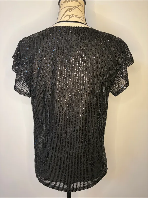 THML sequin flutter sleeve top blouse fully lined black M Size M - Image 3