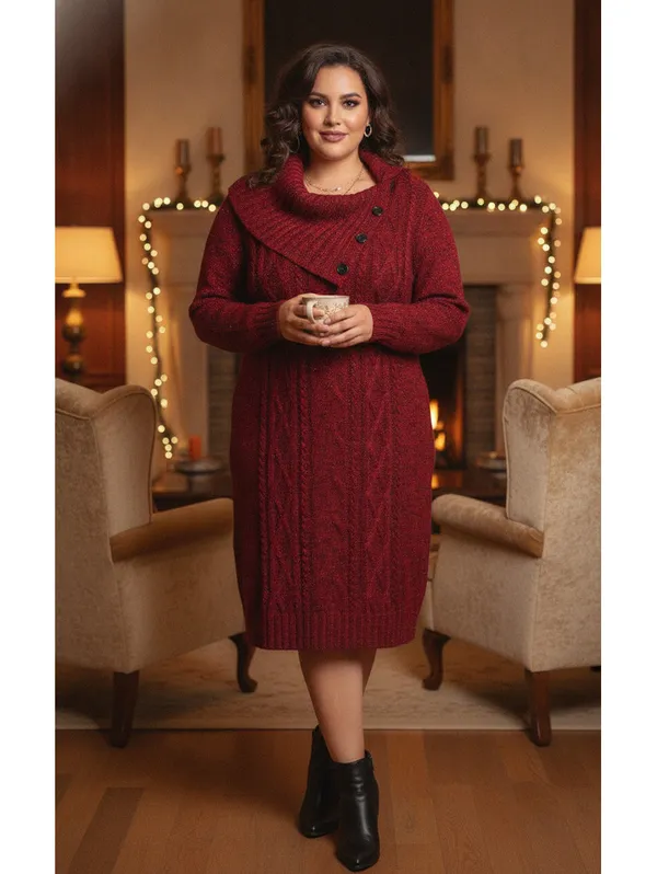 Relativity Marled Cable Knit Sweater Dress Asymmetric Button Cowl Neck XL - Image 5