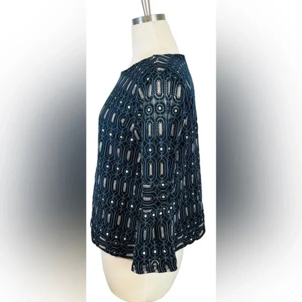 LOFT‎ Navy Blue Geometric Lace Bell Sleeve Blouse Top Small Romantic Feminine - Image 4