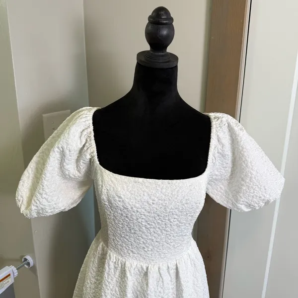 Lulus Puff Sleeve Midi Dress Floral Textured Corset Tie Back‎ Stretch Bridal M - Image 2