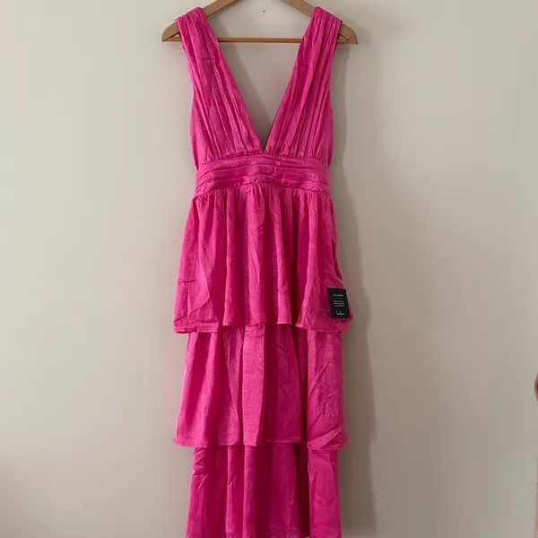 New Lulus Peak‎ Party Vibe Hot Pink Satin Tiered Tie-Back Midi Dress Size S - Image 2
