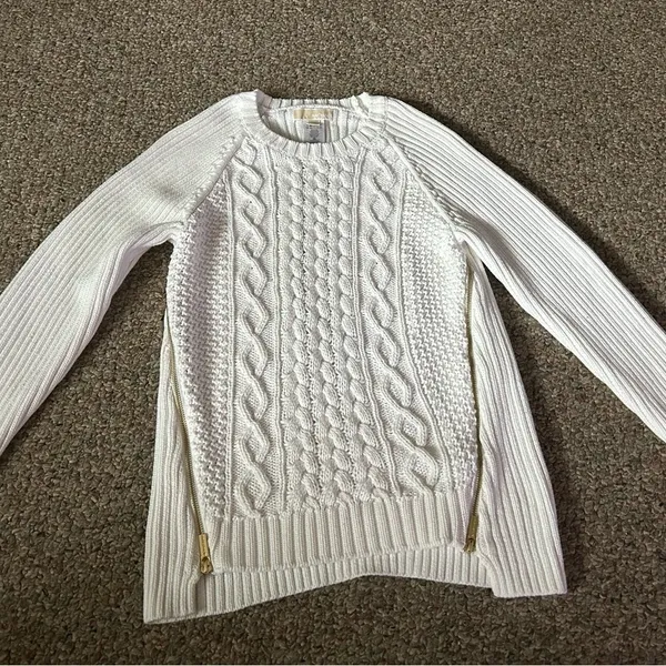 Michael Michael Kors White Cable Knit Chunky Sweater w/ gold zippers on side - Image 2