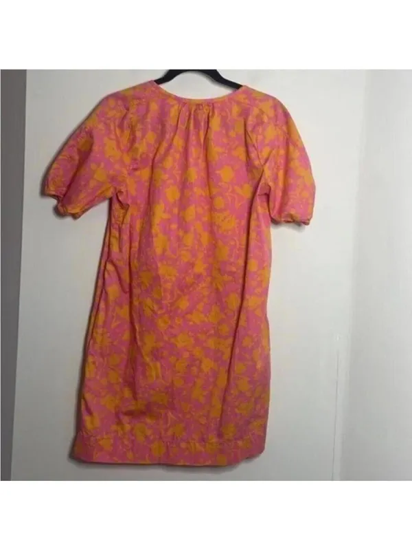 Free Assembly Pink and Orange Floral Shirred Short Sleeve Dress Pockets - Image 9