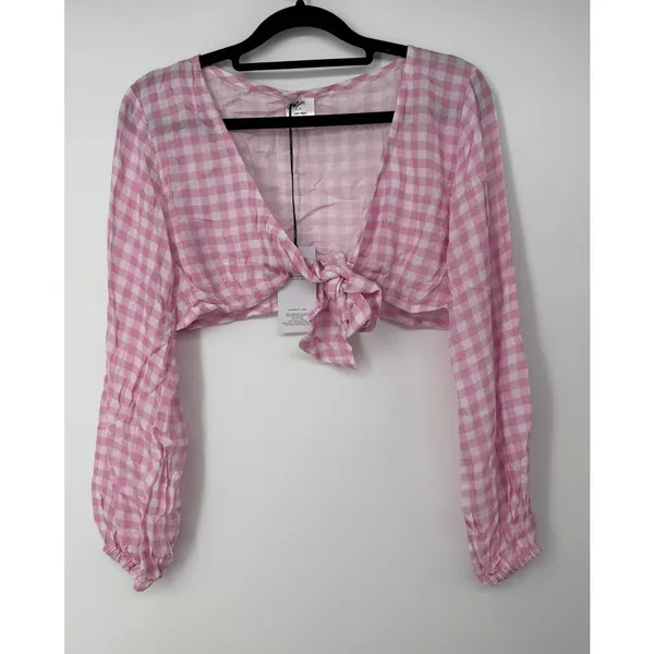 Revolve x VDM The Label Jemma Crop Tie Front Cover Up Pink Gingham Sz S - Image 2