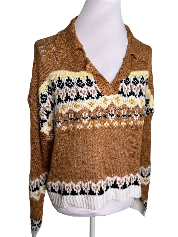 Angie NWT Collared Fair Isle Cropped Knit Sweater Mustard Brown Boho Medium - Image 3