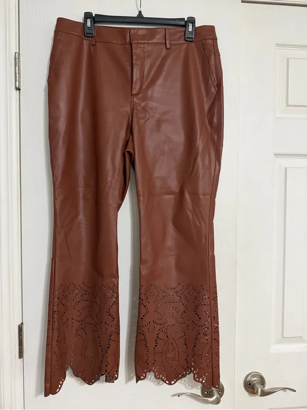 Anthropologie laser cut‎ hem brown faux Leather size 12 ankle crop - Image 5