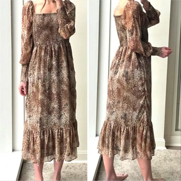Betsey Johnson Peasant Tiered Midi Dress Large Smocked Puff Sleeve Animal Print - Image 7