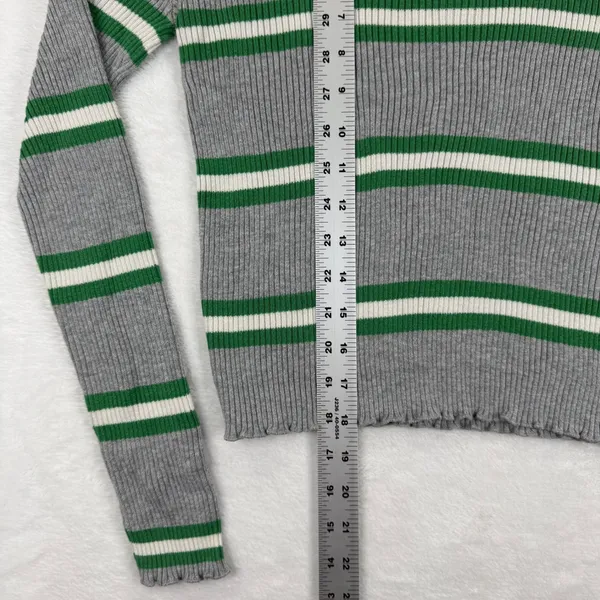 BP Gray Green Striped Ribbed Knit Sweater Womens Small‎ Crew Neck Lettuce Hem - Image 4