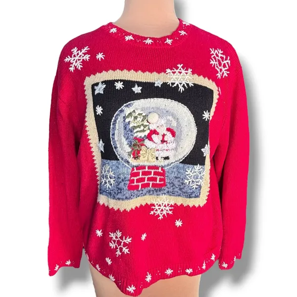 Vintage Y2K Tiara International Santa‎ Snow Globe Red Christmas Holiday Sweater - Image 10