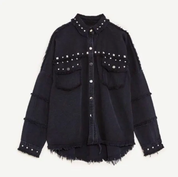 ZARA | Studded Denim Black Fringe Raw Hem Jacket - Image 2