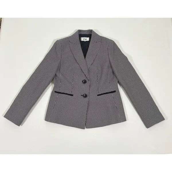 Le Suit Womens Navy Blue White Houndstooth Two Button Blazer Jacket Size 6 - Image 8