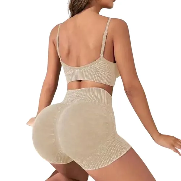 2 Piece Activewear Set Bra Top and Shorts in Beige, Size L​ - Image 2
