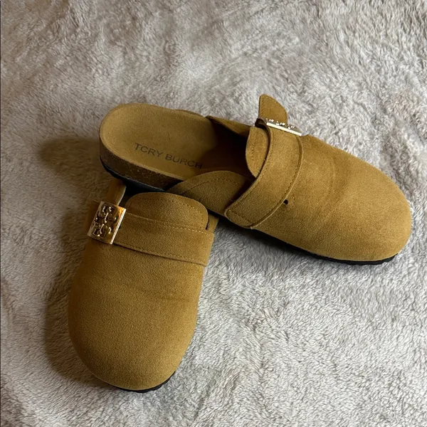 Tory Burch Mustard Suede Mules with Gold Buckle - Image 3