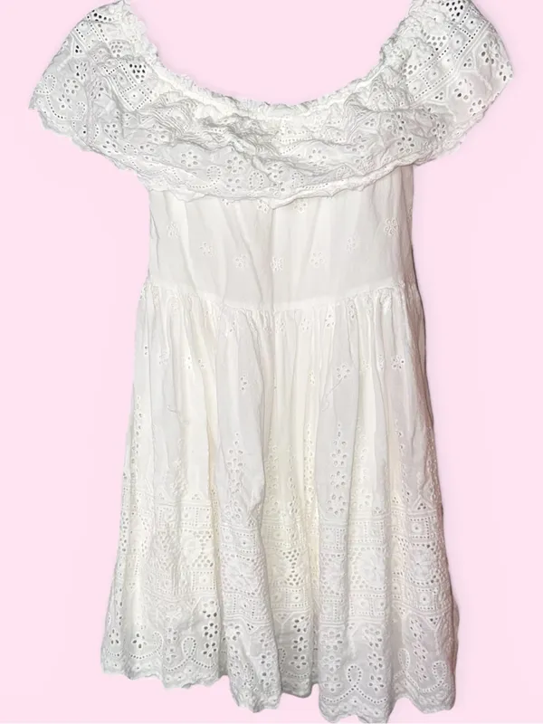 Lulus - White Eyelet Off Shoulder Babydoll Mini Dress Boho Cottagecore - Size XL - Image 3