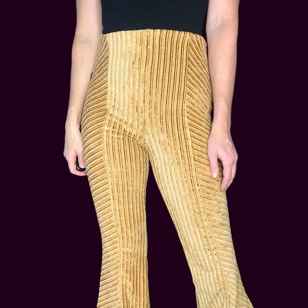 Free People Gold Champagne Ribbed Velvet High Rise Flare Pants - Image 7