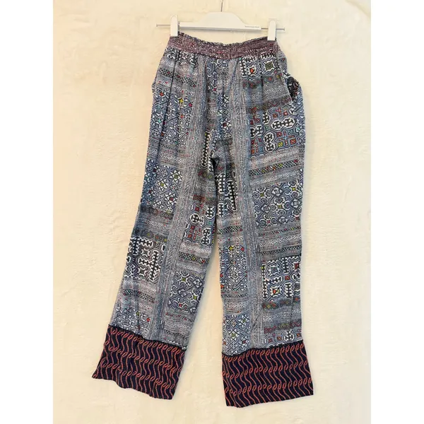 Eloise Anthropologie Boho Geometric Print Wide Leg Smocked‎ Pants Blue Red Small - Image 8