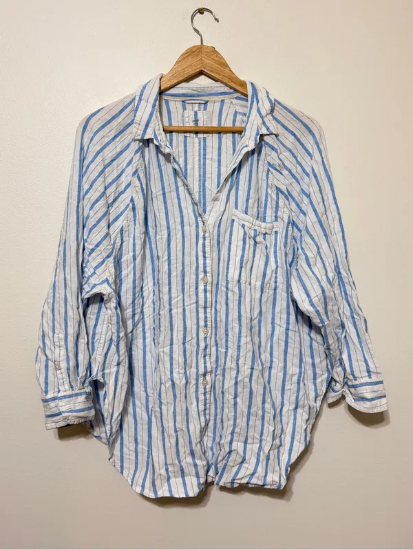 Aerie Pool-To-Party Linen Blend Cover Up Shirt Button Up Blue Stripe Medium - Image 3